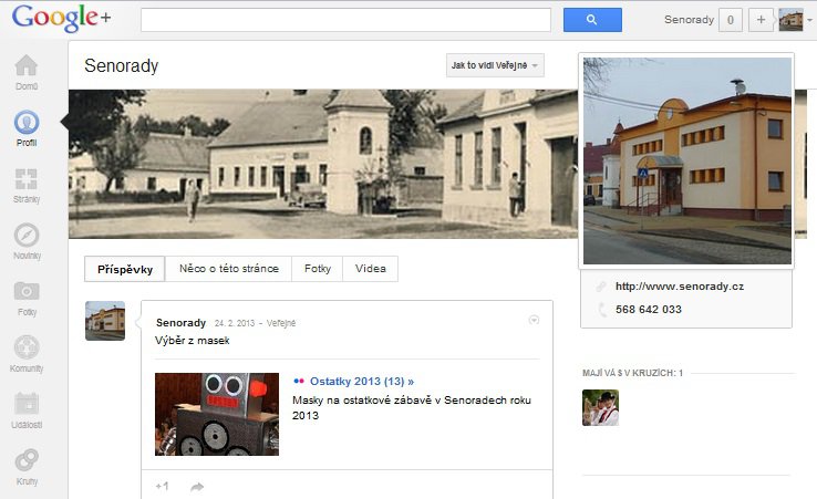 GOOGLE+ SENORADY: Pokud dáváte přednost sociální síti Google+, máme pro vás i zde stránku obce Senorady. Oproti účtu na Facebooku se obsah více orientuje na obrazové a video informace.