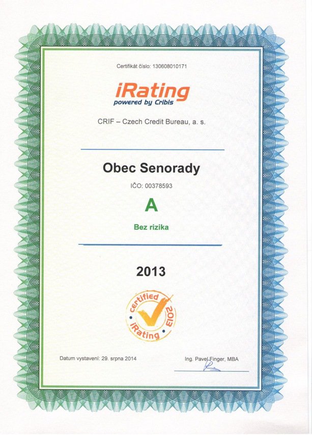 Certifikát s oceněním obce Senorady za hospodaření v roce 2013: